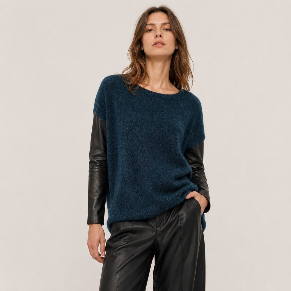MAJE wide neck Pullover Knit Sweater Navy w/ Leather Sleeve sz 1